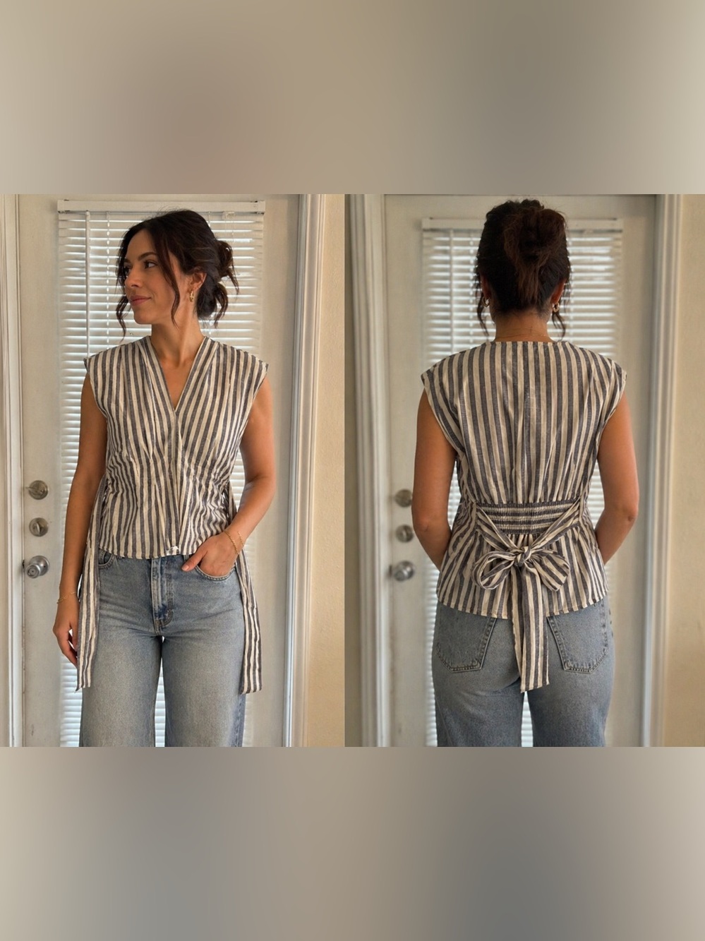Max Studio Striped Wrap Sleeveless Tie Waist Blouse Blue White Size L